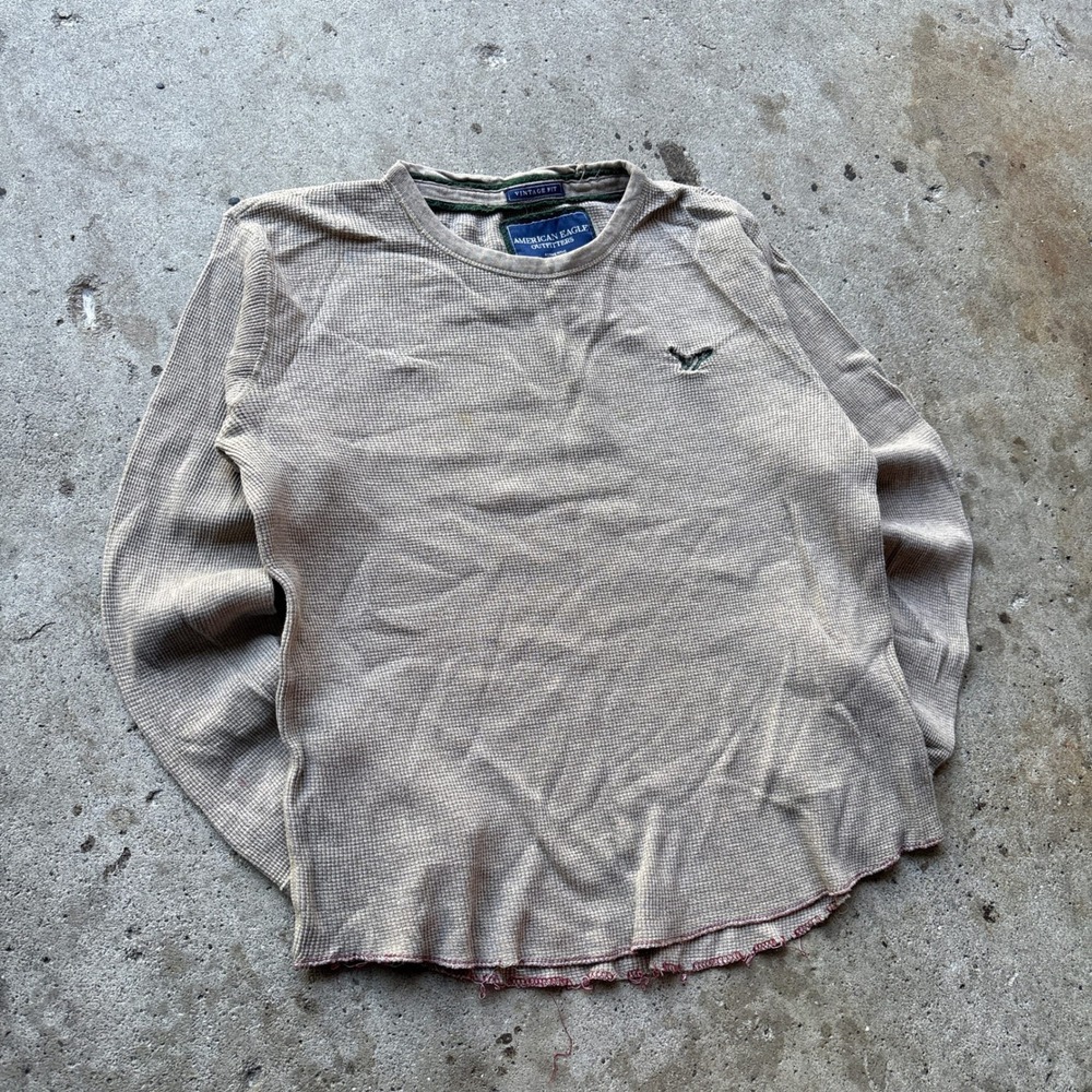 American Eagle Outfitters Mens Large Vintage Fit Waffle Knit Thermal Shirt Tan